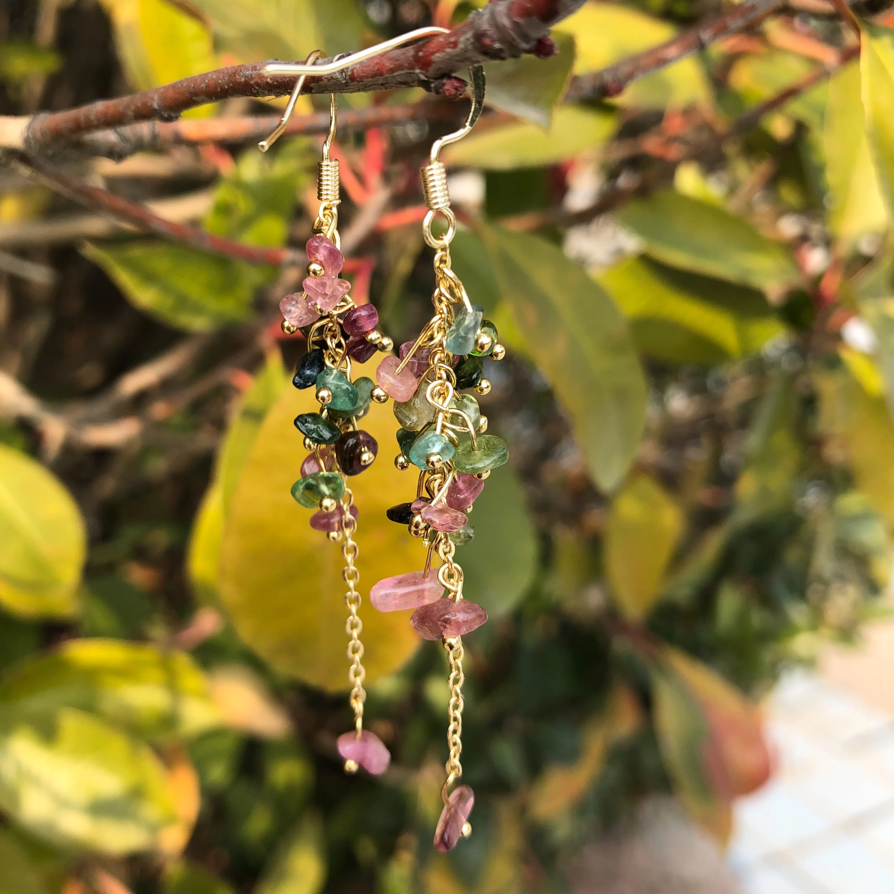 1 Pair Fengbaowu Natural Multicolored Gem Tourmaline Elbaite Chips Gravel Earring Crystal Healing Stone Women Jewelry Gift