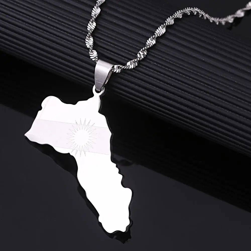 Edelstahl Silber Farbe Kurdistan Karte Anhänger Halsketten Kurdish Flagge Karte Kette Schmuck