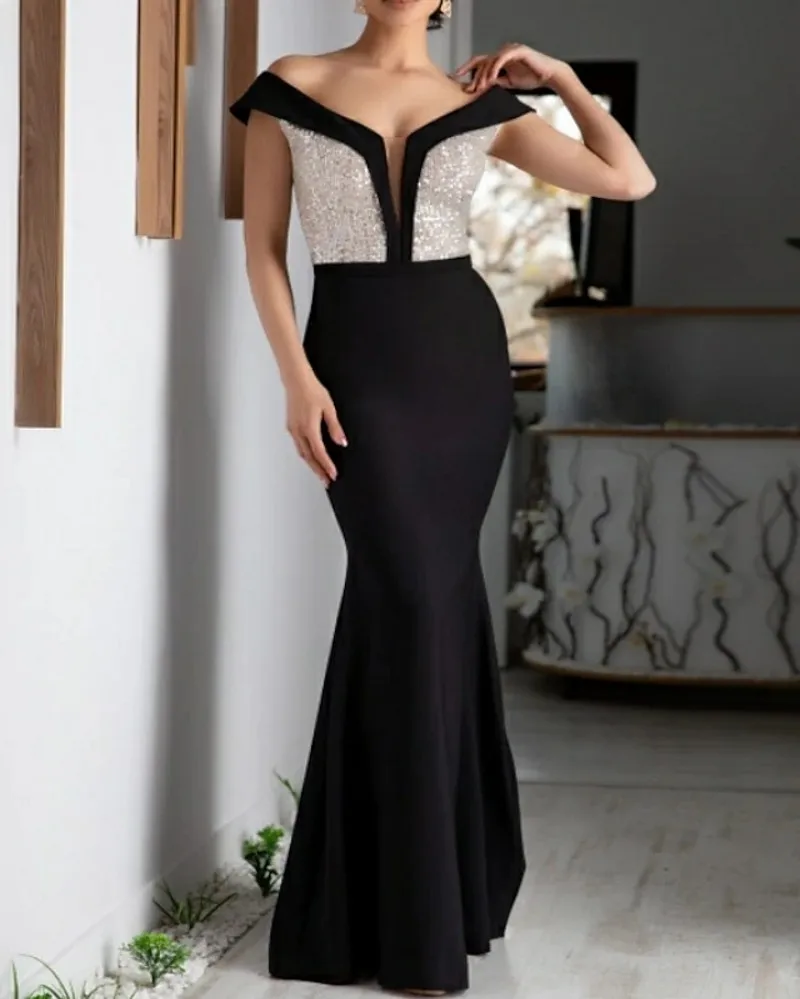 

Modern Black Mermaid Evening Party Dresses Off the Shoulder Top Sequin Long Prom Gowns 2022 Arabic Vestidos Robes De Soirée