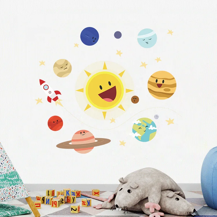 Cartoon-Sonnensystem-Planeten-Wandaufkleber Kinderzimmer-Hintergrunddekoration Selbstklebende Tapete Schlafzimmerdekoration Abnehmbare Aufkleber – Detail 3