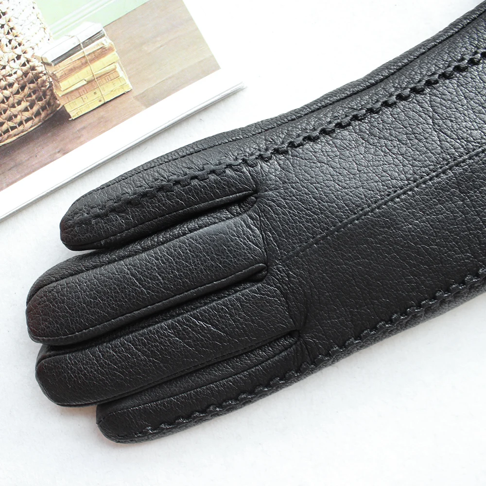 New Women\'s Black Deerskin Gloves Thick Wool Lining Winter Warm Genuine Leather Gloves Two Styles