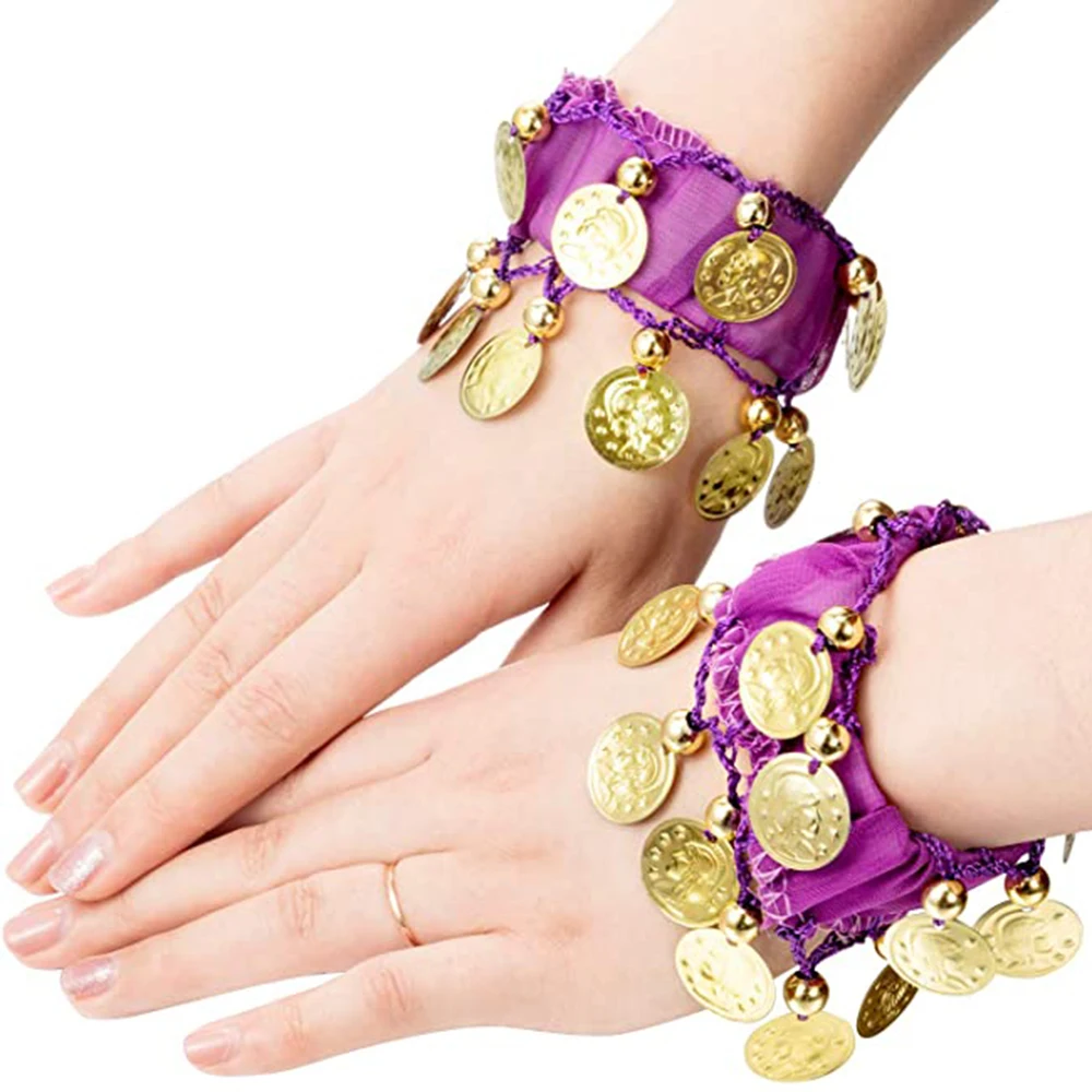 1 Pair Belly Dance Wrist Ankle Cuffs Bracelets Chiffon Gold Coin Belly Dance Costume Accessory Valentine\'s Day Gift Jewelry Girl