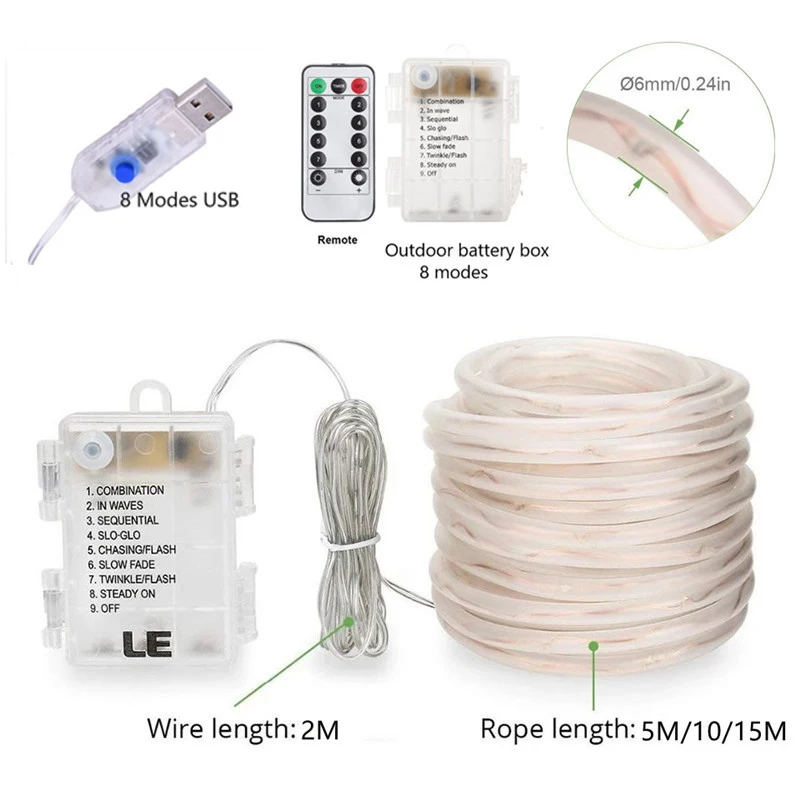 Christmas New Year 2025 Festoon Led Light Decorations For Home Outdoor Led Tube Rope String Light 10/15M Battery Operated