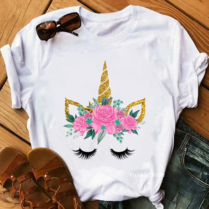 

Golden Unicorn Red Rose Print T-Shirt Women/Girl Kawaii Clothes Funny Tshirt Femme Summer Fashion Tops Tee Shirt Female