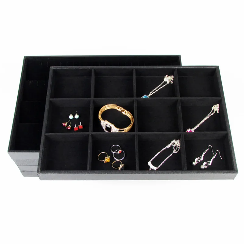 12/24 Grids Black Velvet Jewelry Storage Organizer Necklace Bracelet Earring Rings Trays Drawer Jewellry Display Carring Case