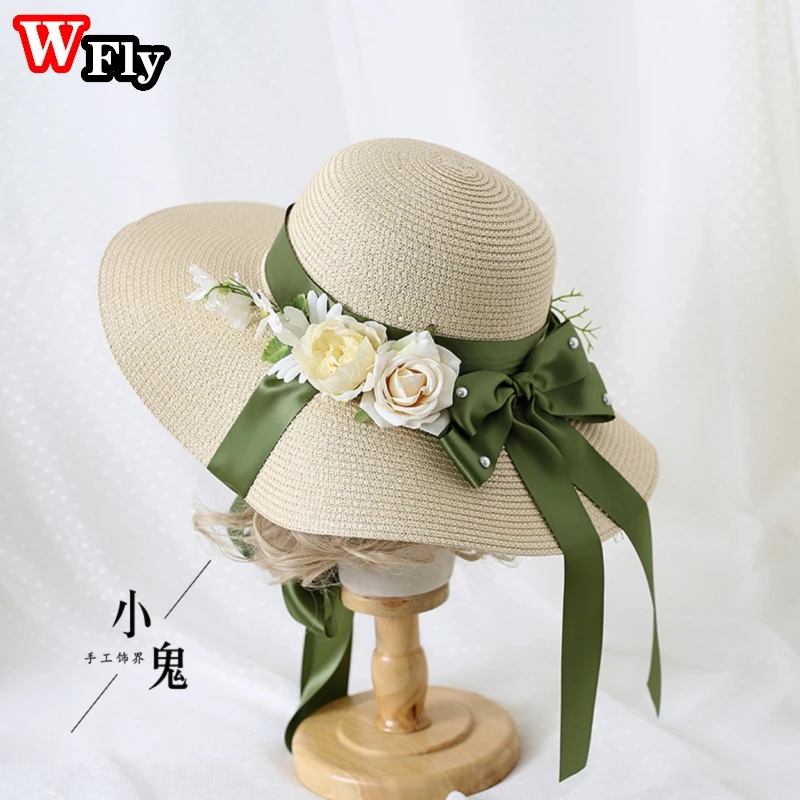 Japanese Harajuku Women Girls Straw Sun Hat Sweet Lolita Lace Flower Bandage Bowknot Wide Brim Elegant Cosplay Straw hats