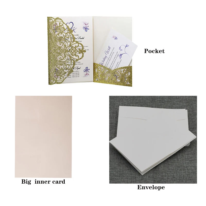 

200Set Gold Elegant Laser Cut Wedding Invitations Pocket Card no RSVP Cards Customize Greeting Card