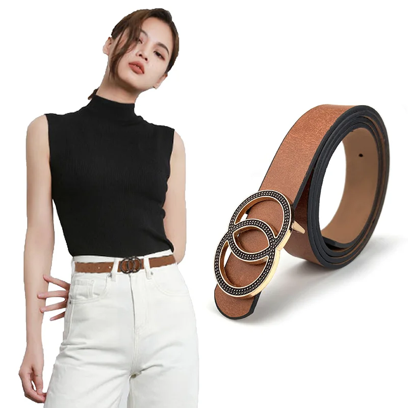 Fashion Design Women's Simple Double Round Golden Alloy Buckle Belt Multicolor High Quality Leather Strap Jeans Dress Waistband