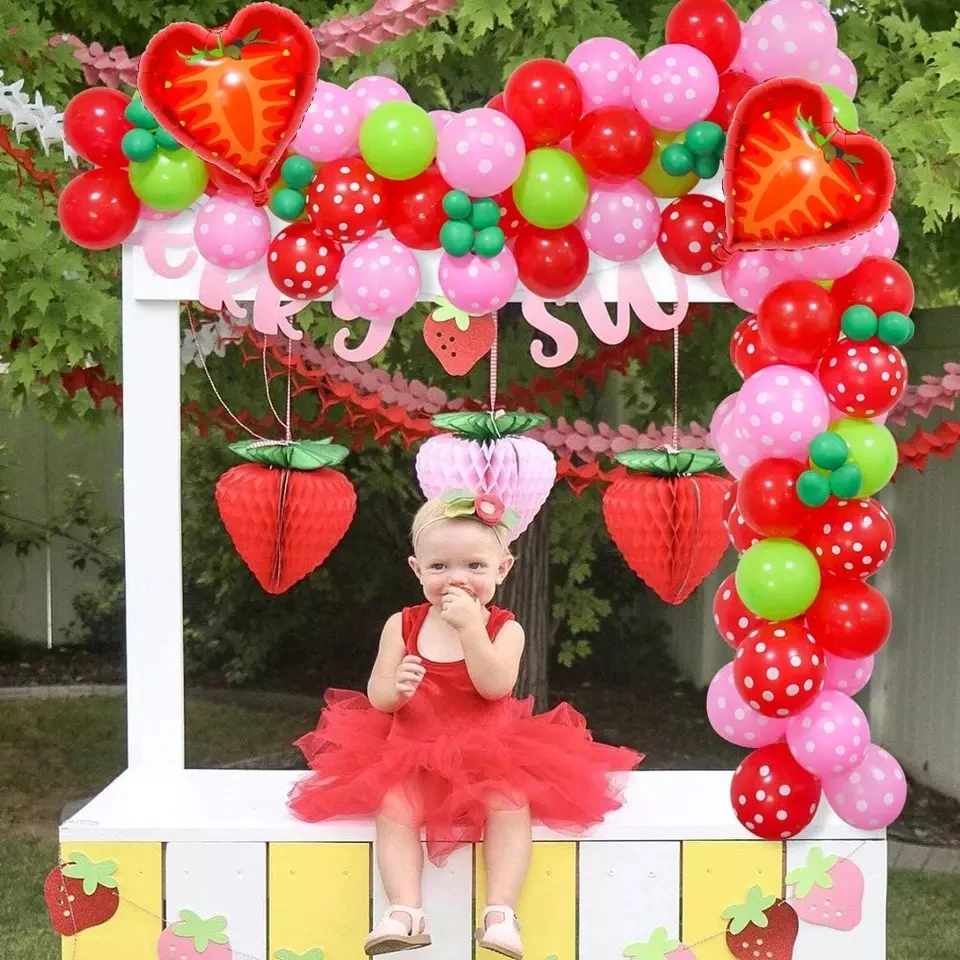 105pcs Strawberry Foil Party Balloons Arch Garland Baby Shower for Summer Theme Party Berry First Birthday Summer Fruit Party