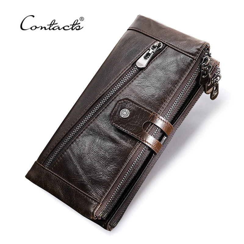 CONTACT'S Long Wallet Men Genuine Leather Clutch Wallets Rfid Money Bag with Phone Pocket Quality Card Holder Male Coin Purses