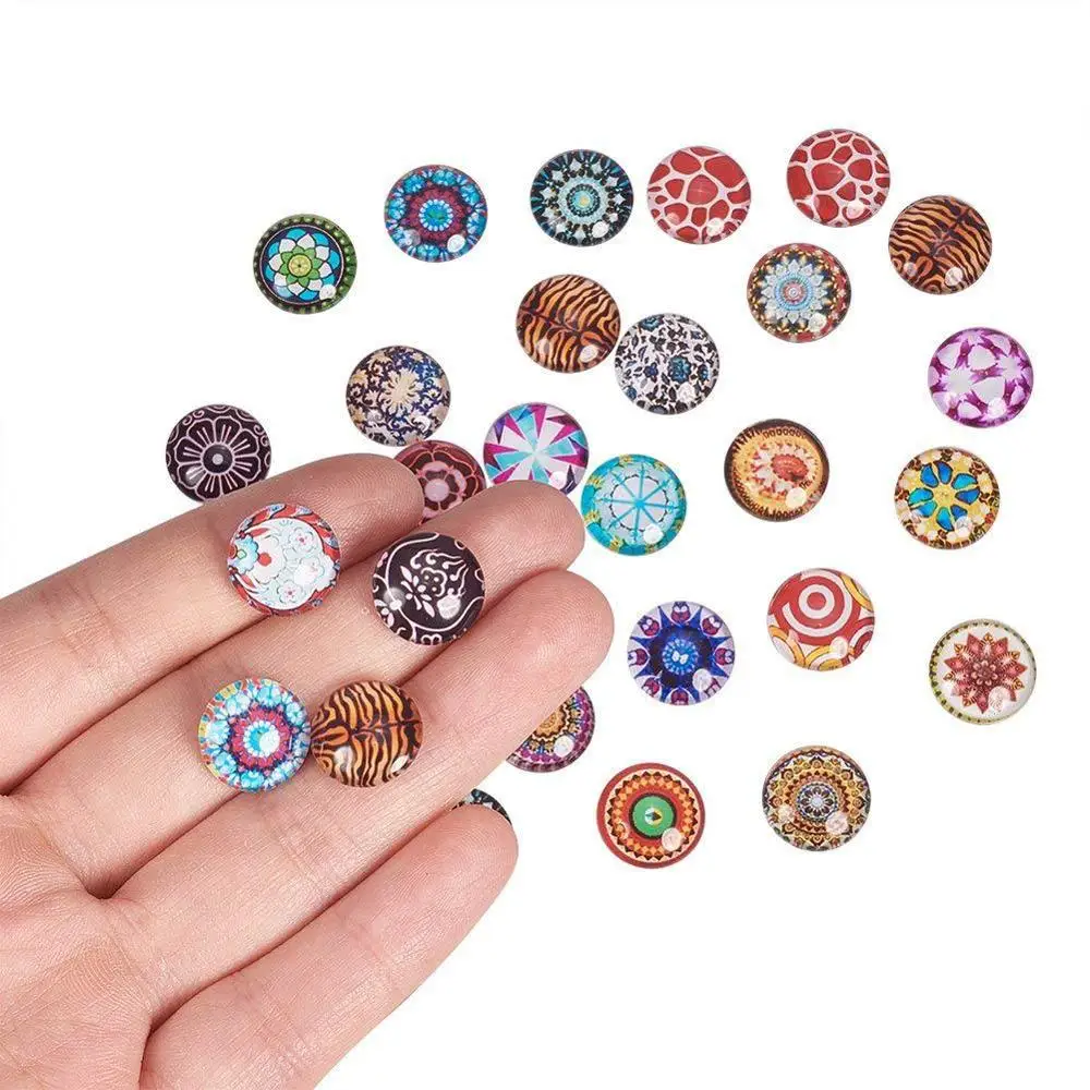 200PCS 12MM Time Glass Patch Vintage DIY Jewelry Accessories Delicate Round Shaped Mosaic Tiles Creative Patterns Printed Glass