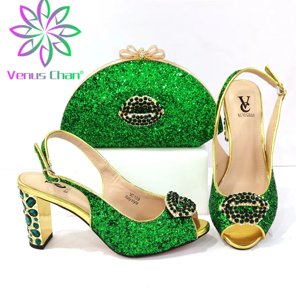 Green Color Nigerian 2023 New Italian Design Fashion Metal and Platform Style High Heels Party Wedding Ladies Shoes and Bag Set