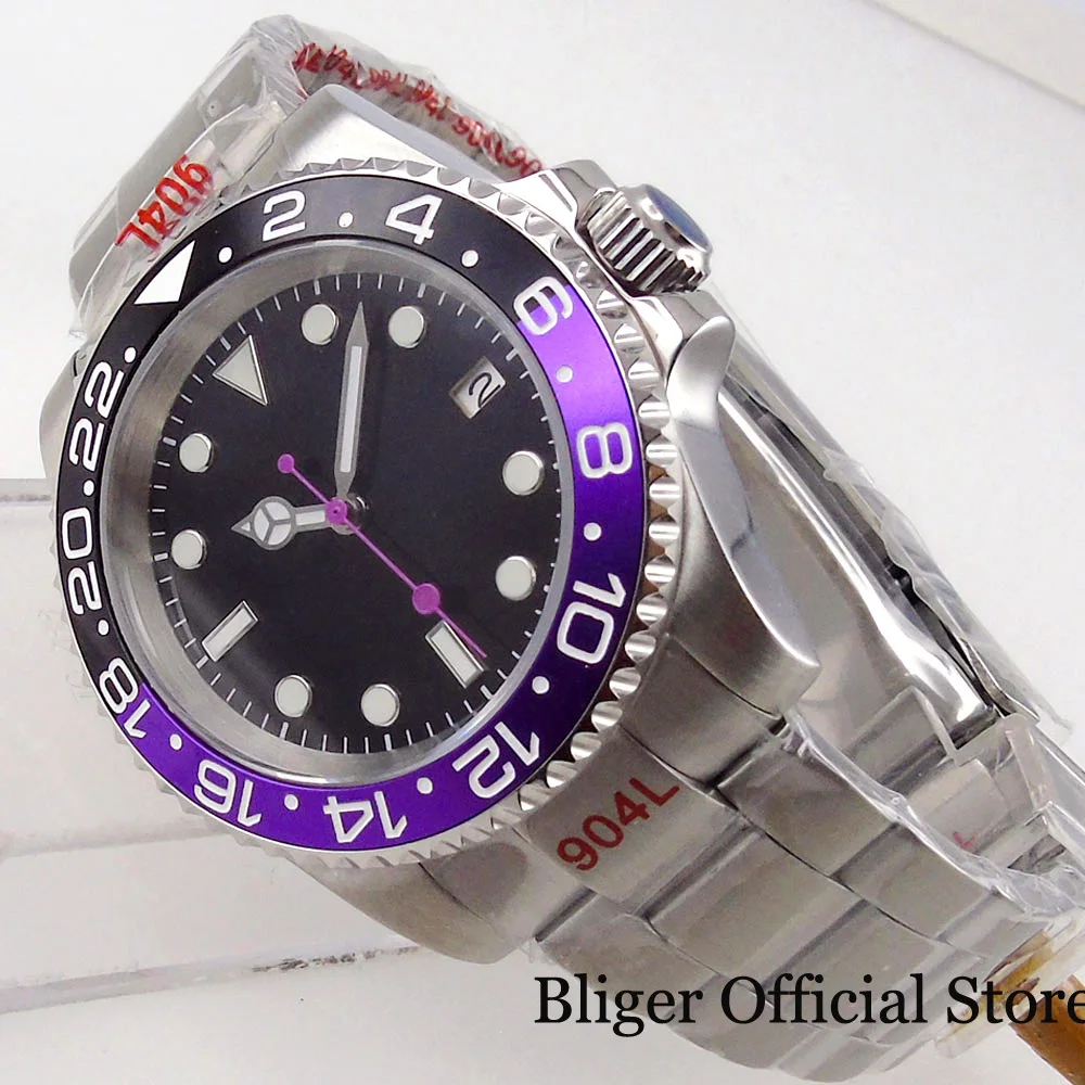 BLIGER Black Purple Insert  NH35A 40mm Automatic Men Watch Glide Lock Clasp Luminous Hand Business Wristwatch Sapphire