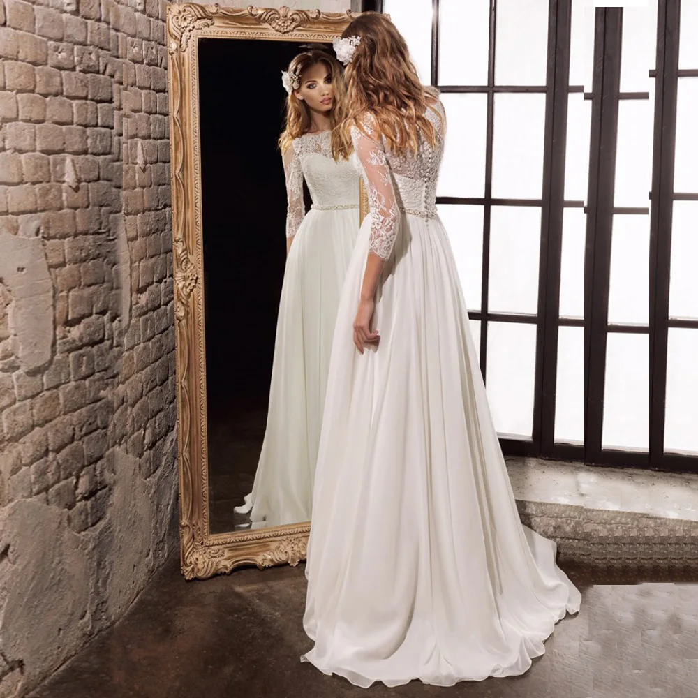 Wedding Dresses Customized Three Quarter Sleeves Top Lace Chiffon Bride Gowns with Beading Sashes Bridal Vestido De Noiva