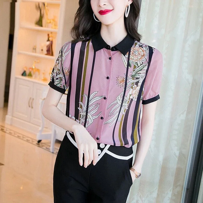 

Women Short Sleeve Chiffon Shirts Elegant Korean Style Color Contrast Blouses Stylish Polo-Neck Ladies Tops Blusas MM0872