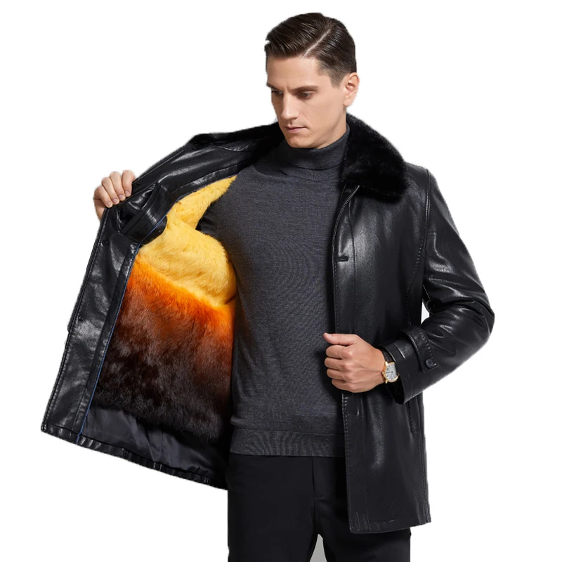 

Men's Jacket Winter Warm Leather Whole Fur Liner and Rabbit Fur Collar chaqueta moto hombre Casual Winter Coats Men, M-4Xl