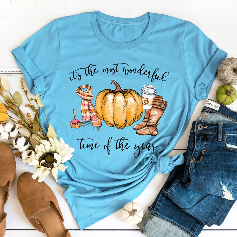 

Colored Autumn It's The Most Wonderful Time Of The Year T-shirt Aesthetic Thanksgiving Tshirt Vintage Women Fall Pumpkin Tee Top