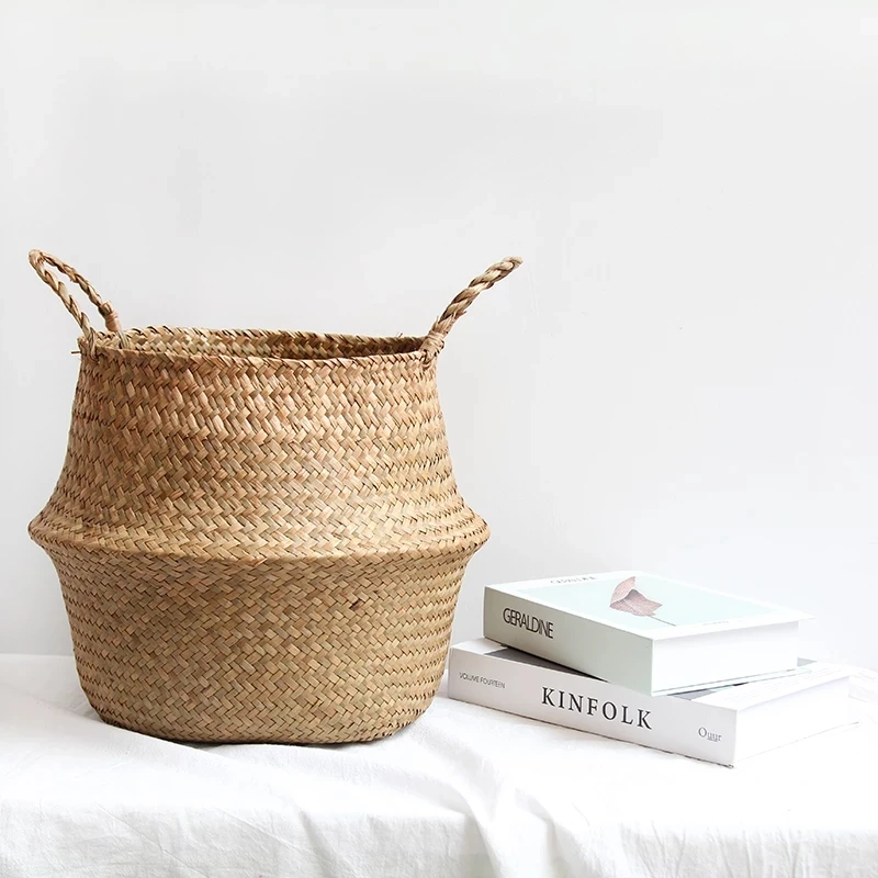 Seagrass Wicker Woven Storage Basket Planting Flower Pot Folding Organizer Laundry Basket Home Garden Belly Mimbre Basket