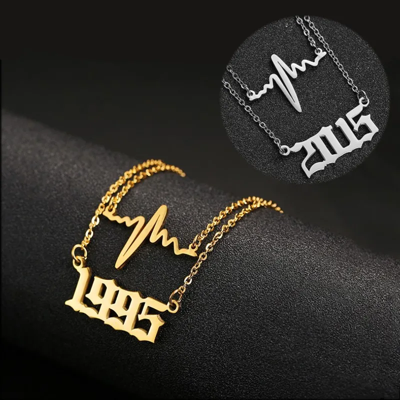 

Personalized Year Number Necklace Heartbeat Pendant Stainless Steel Layered Necklaces Gold Chain 1980-2019 Birthday Year Gifts