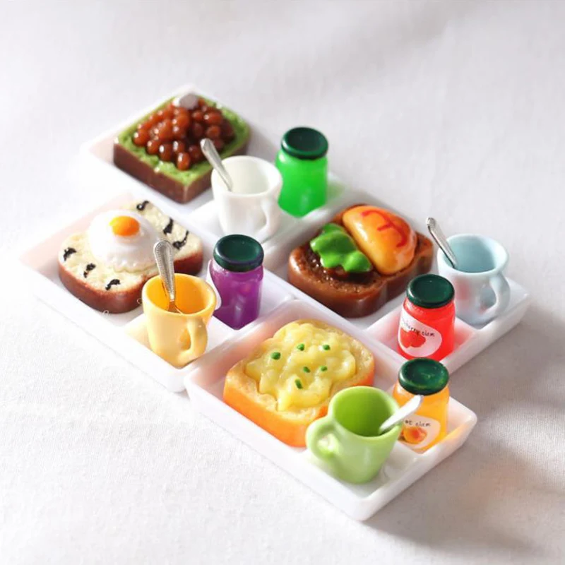 New 5pcs/set Dollhouse MIniature Toast Bread Jam Dinner Plate Cup Spoon For Doll House Kids Pretend Play Kitchen Accessoreis