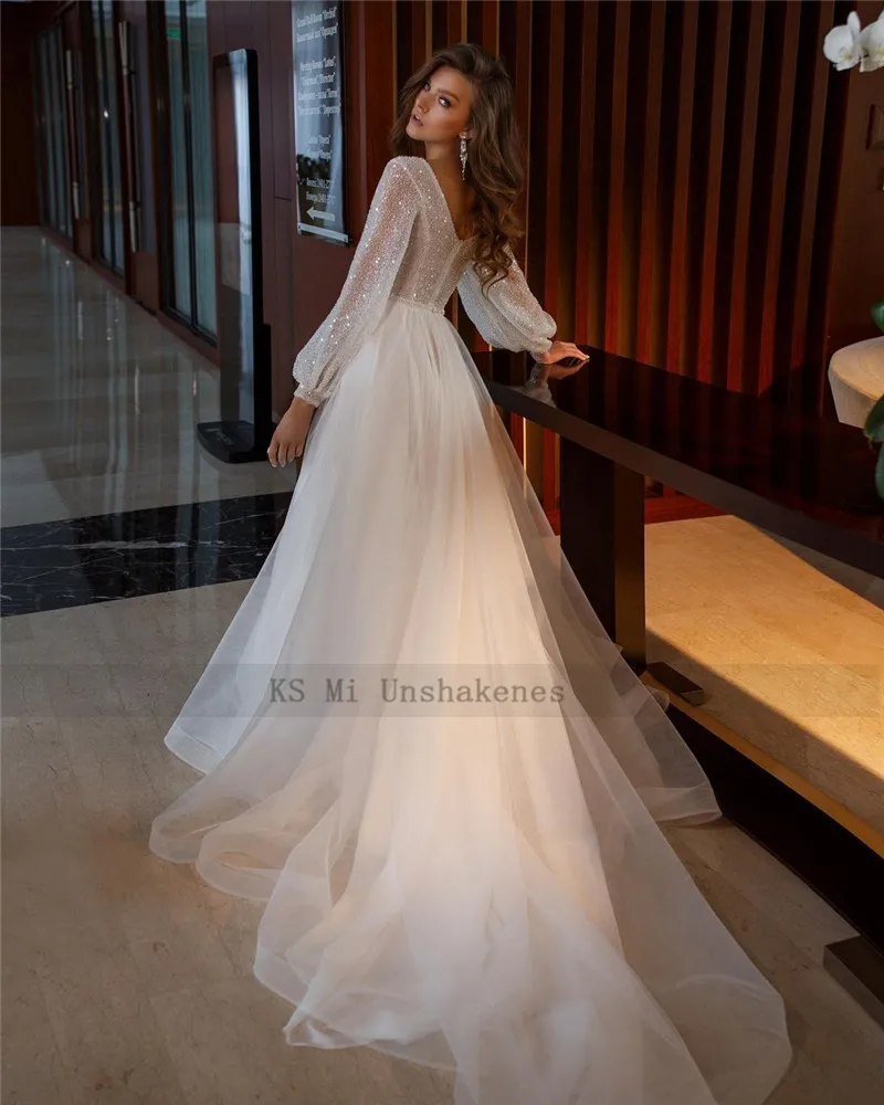 Abito Da Sposa Sparky Puff Sleeve Wedding Dress Glitter Cheap Bridal Dresses 2021 A Line Beach Wedding Gowns Custom Made