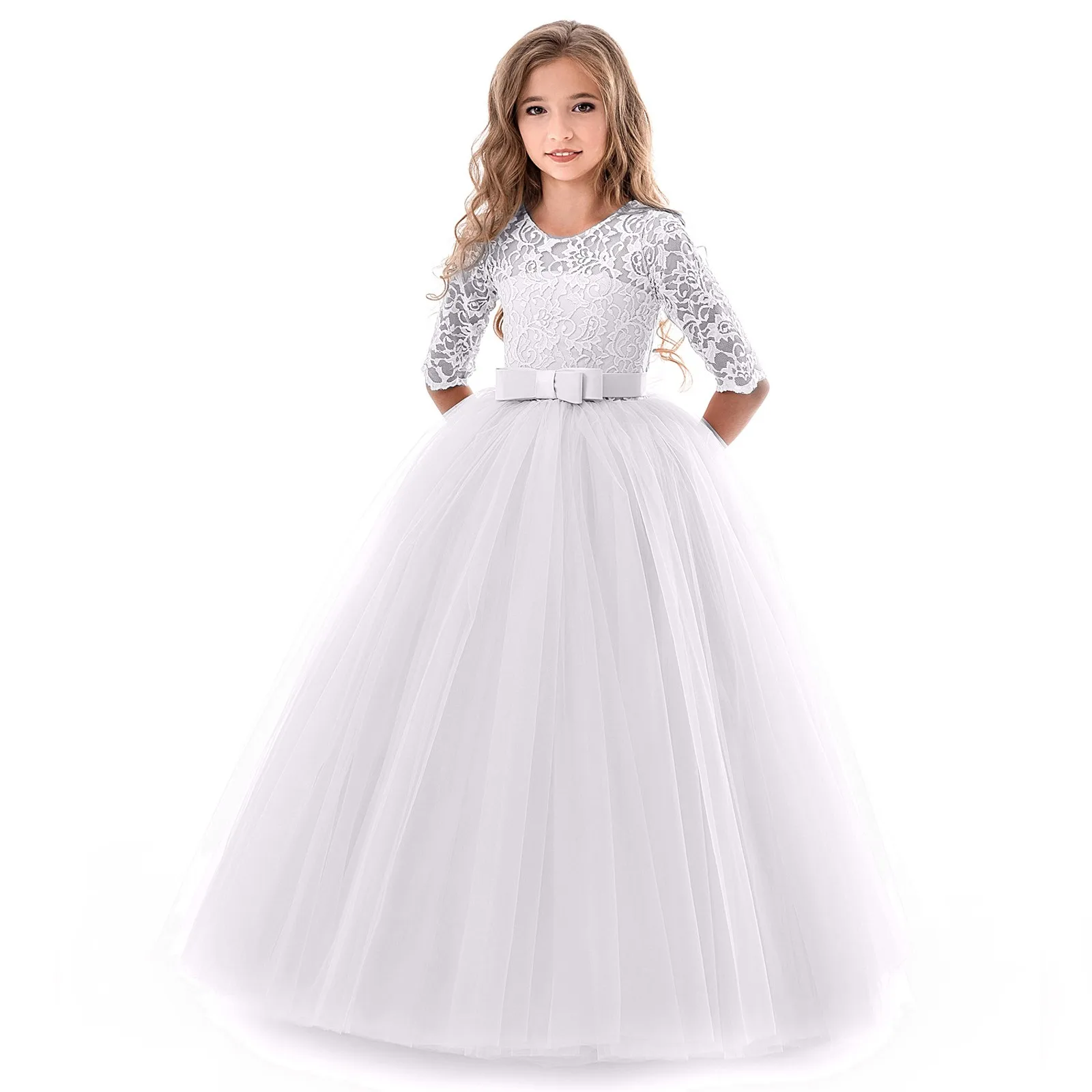 Teenage Girls Dress Girls Lace Bowknot Princess Wedding Flower Half Sleeve Performance Formal Tutu Dress Clothes Vestidos 2-14Y