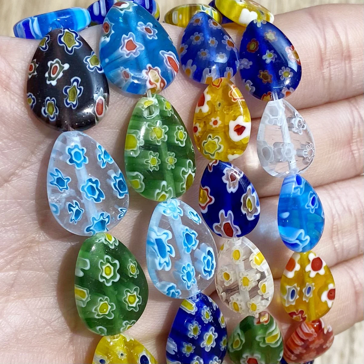 

Colorful Flat Drop shape Bead Flower Patterns Millefiori Glass Lampwork Loose Crafts Beads for Necklace Bracelet Earring Jewelry