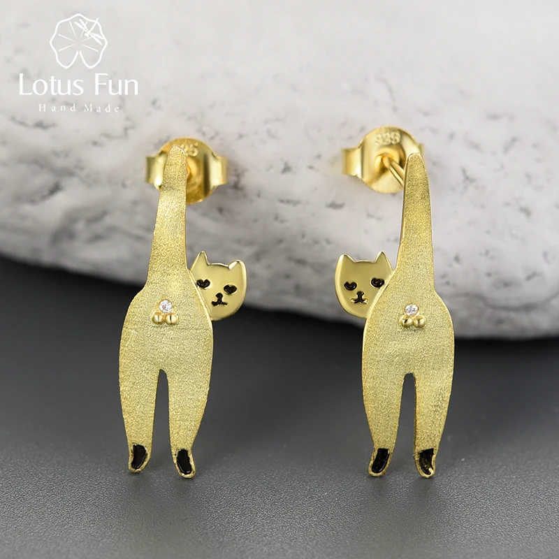 Lotus Fun 18K Gold Unusual Long Naughty Kitten Cat Stud Earrings for Women Gift Real 925 Sterling Silver Original Modern Jewelry