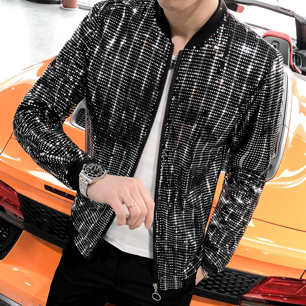 2020New Sequined Bomber Jacket Men Shiny Sequins Long Sleeve Glitter Zipper Coat Hip Hop Loose Night Club Stage Streetwear Coats