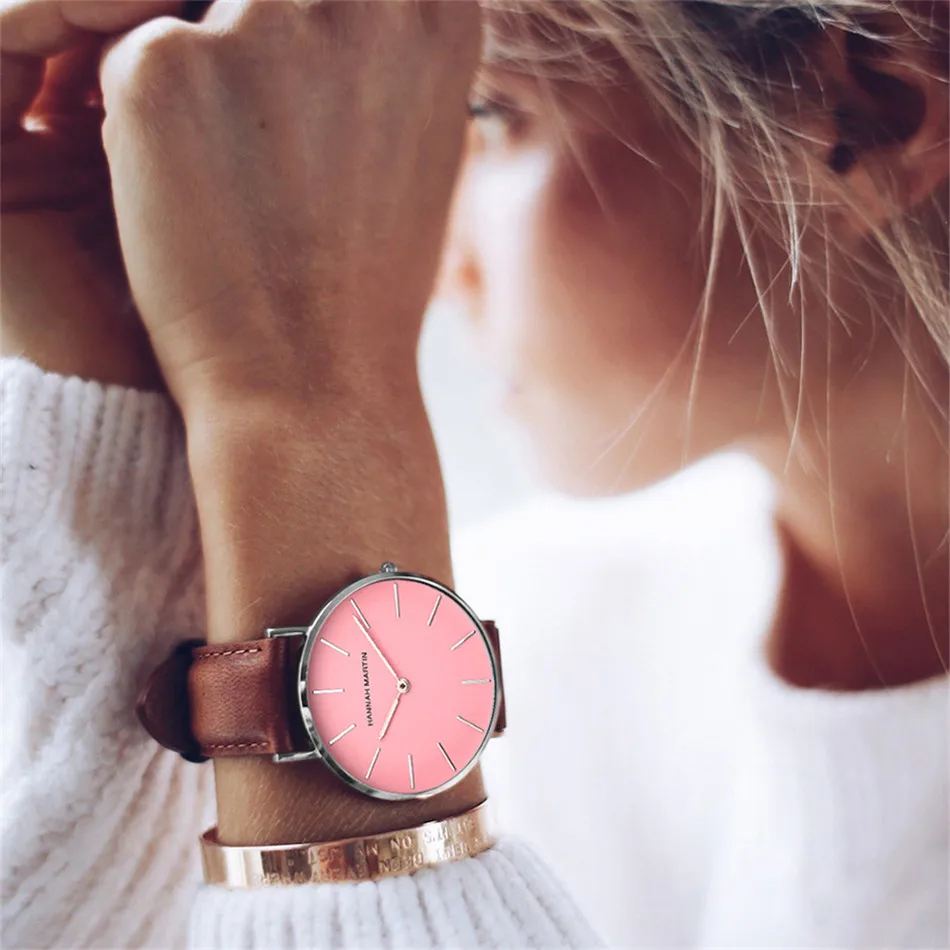 Designer Women Waterproof Watch Fashion Casual Leather 36mm Wristwatches Pink Simple Japan Quartz Movement Relogio Feminino 2018