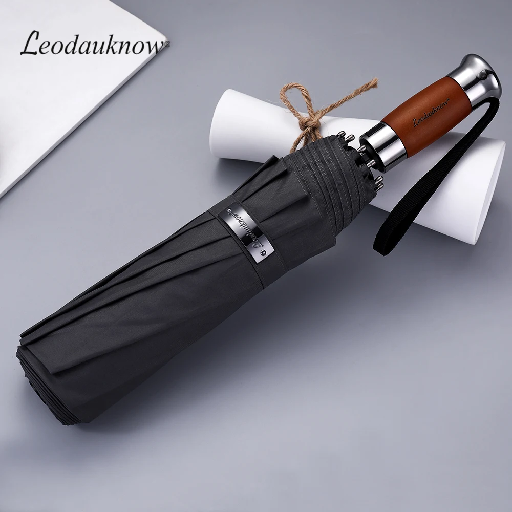 Leodauknow three folding business fully automatic wood metal handle 1.2 Meters Windproof men's 10k sunny and rainy umbrella