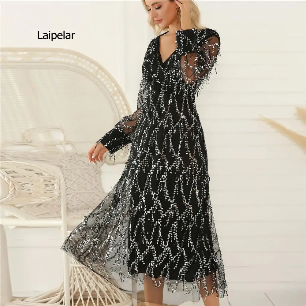 

Sequined Fringed Mesh Dress Women New Autumn Long Sleeve V Neck Dress Ladies Temperament Slim Long Dresses Vestidos LR1750