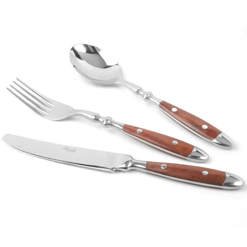 Tableware With Wooden Handle,With Steak Knives Retro Cutlery  Stainless Steel Flatware Cutlery,Set Includes Forks Spoons Knives