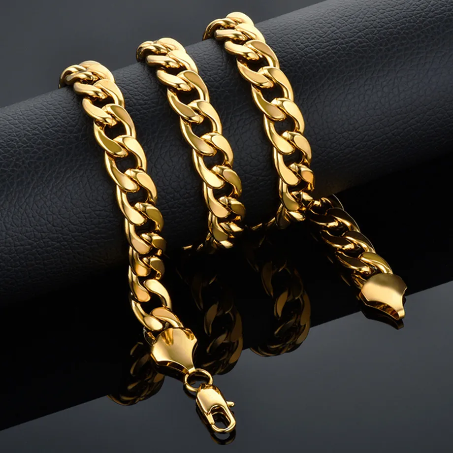 Men\'s 3/7/12mm 316L Stainless Steel Gold Color Miami Cuban Link Necklace Long Male Hip Hop Jewelry Chain Wholesale Dropshipping