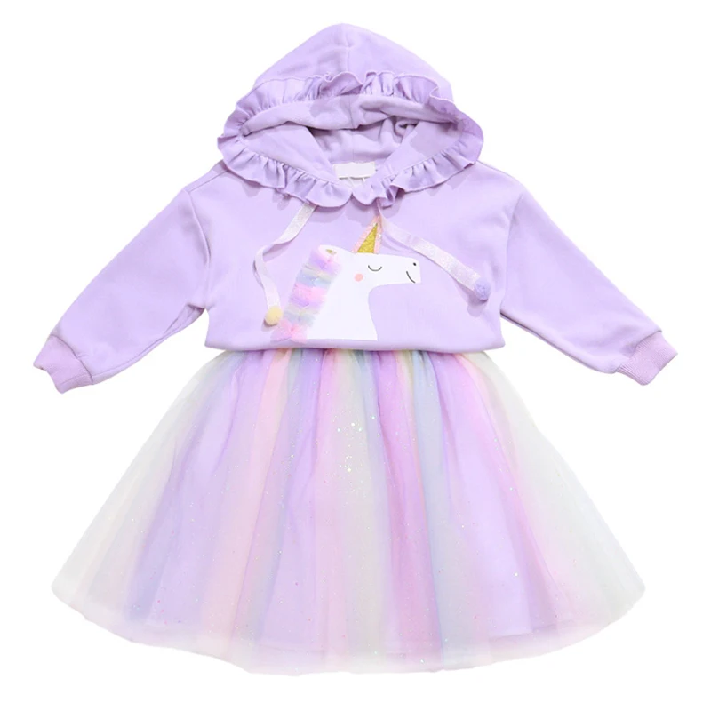 Cute Unicorn Long Sleeve Hoodie+Skirt 2Pcs Baby Girl Clothing Sets Christmas Party Rainbow Mesh Tutu Princess Girls Skirt Suits