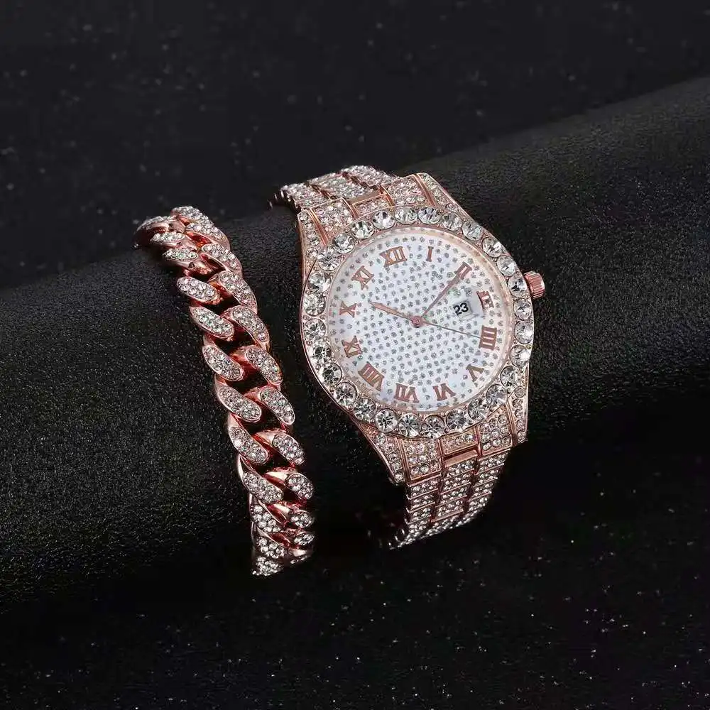 Iced Out Armband + Uhren für Männer Voller Iced Out Uhr Quarz Armbanduhr Hip Hop Gold Diamant Herren Uhr Set reloj Dropshipping