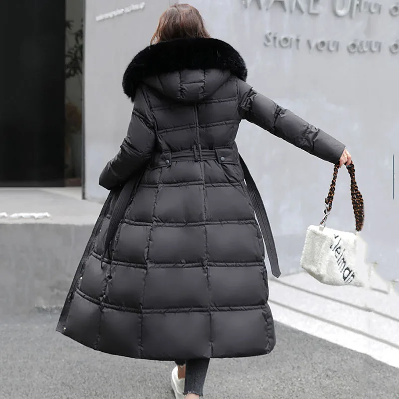 90% White Duck Down Thick Warmth Elegant Hooded Fur Collar Large Size Loose Female Coat 2024 New Women Winter Down Jacket OK1156