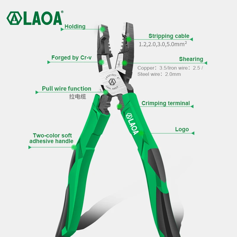 LAOA 3PCS Cr-V Steel Diagonal Pliers Universal Long Nose Pliers Electrician Nippers Wire Stripper Cable Cutter Terminal Crimper