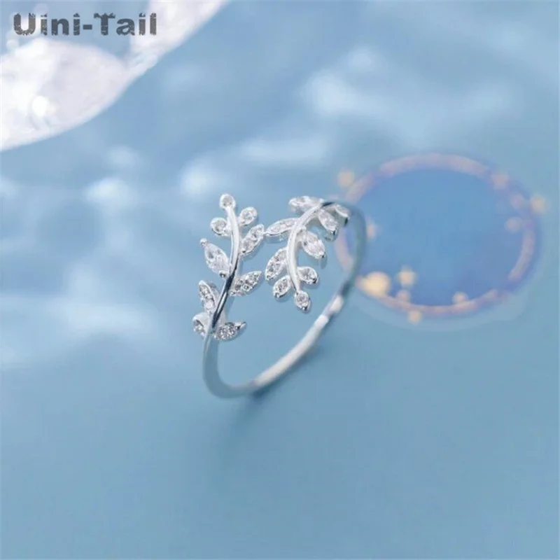 Uini-Tail hot new 925 Tibetan silver branches and leaves micro inlaid open ring fashion temperament cold wind simple adjustable