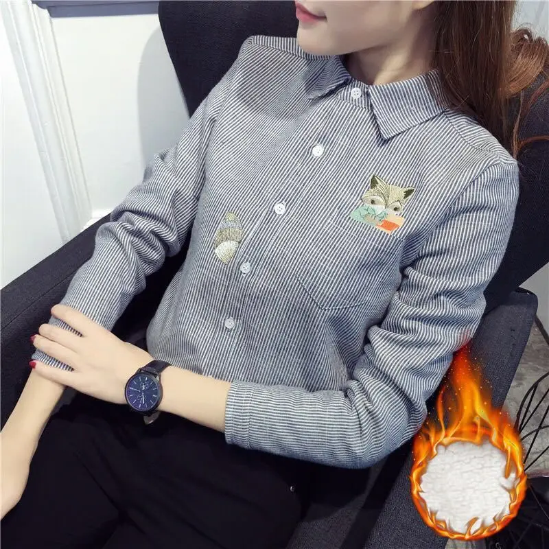 2024 neue Winter Frauen Dicke Fleece Shirt Weibliche Lange Hülse Streifen Stickerei Fleece Tops Casual Überprüfen Bluse Herbst Kleidung