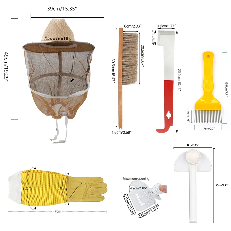 8Pcs/set Beekeeping Bee Hive Tools Anti-Bee Hat Beekeeper Gloves Protective Sleeves J Hook Fork Apicultura set Equipment