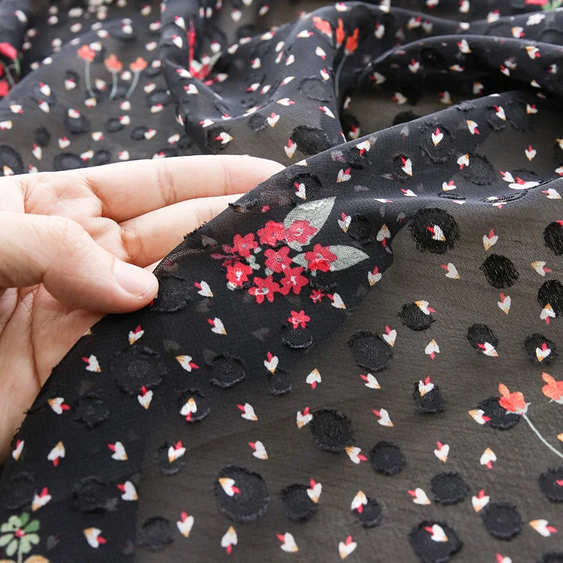 Dot Outer Chiffon Jacquard Print Floral Chiffon Yellow Fabric For Summer Dress Sewing Material a Bit Transparent TJ0712(JA85)