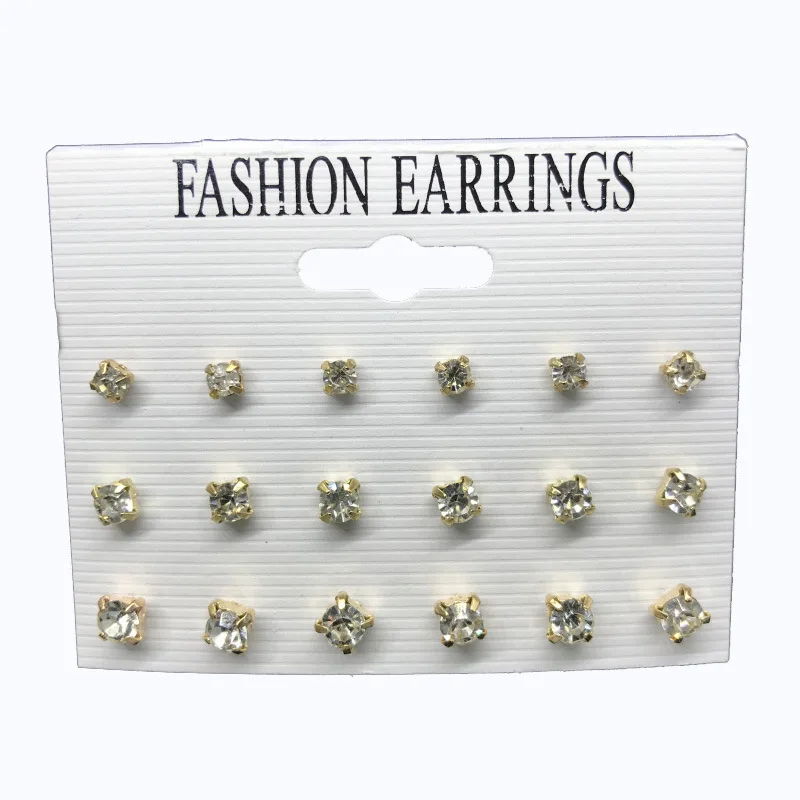 Classic Simple Crystal Earrings for Women Fashion Gold/Silver Color Glass Stud Earrings Set Wholesale Ear Jewelry 9 Pairs/pack