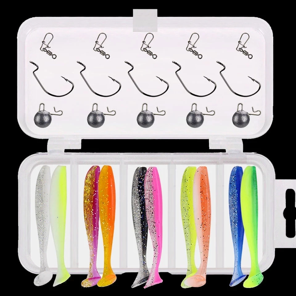 Soft T Fishing Lure Set 25pcs Silicone Baits with Lead Jig Head Fishhook Offset Hooks Worm Carp Fishing Tackle Kit