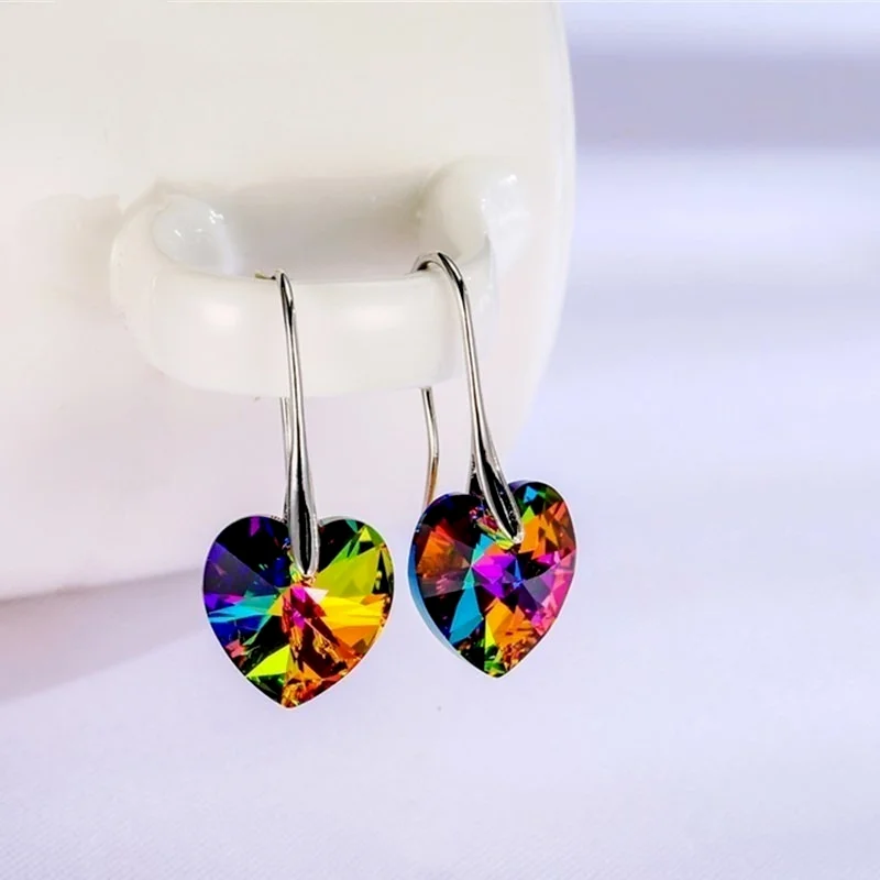 Fashion Drop Earrings Hanging Hearts Crystals for Women Party Hot Silver Color Ear Jewelry Friends Gift