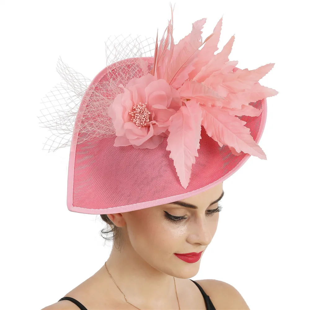 Imitation Sinamay Women Fascinator Wedding Hat With Bridal Feather Headpiece Ladies Cocktail Headwear With Hairpin Ladies Fedora