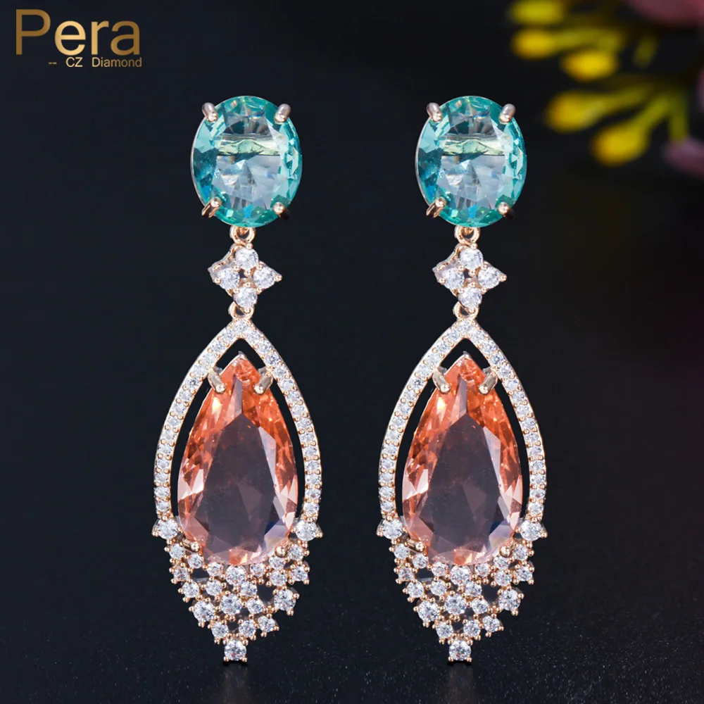 

Pera Noble Blue Champagne CZ Dangle Waterdrop Shape Long Light Gold Color Bridal Wedding Party Drop Earrings for Women E772