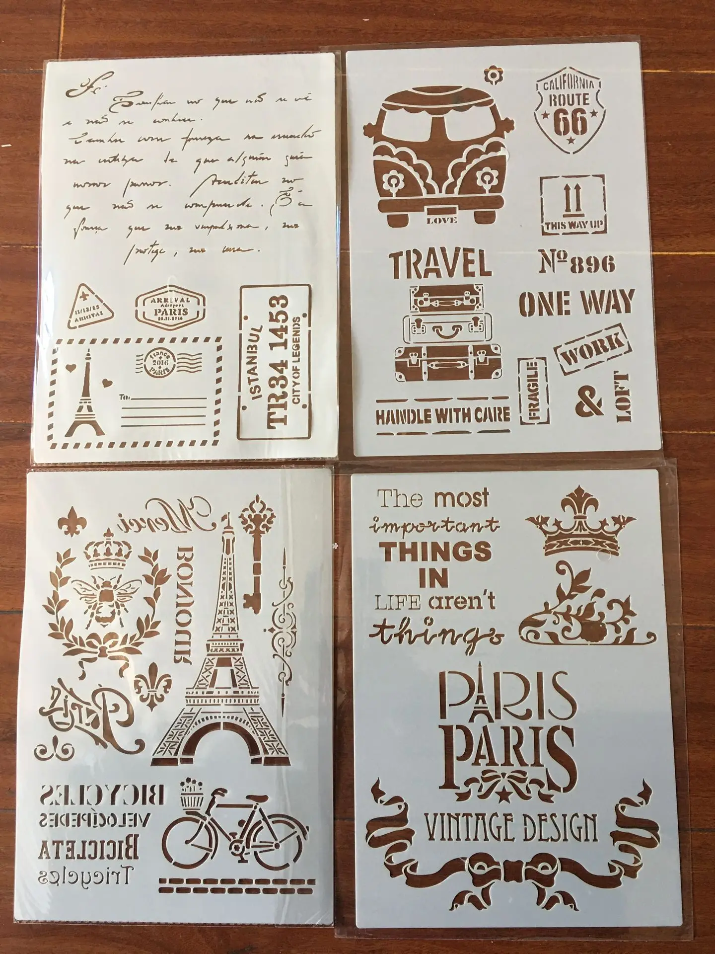 4pcs / set A4 Eiffel Tower bus  Stencils Painting Coloring Embossing Scrapbook Album Decorative Template