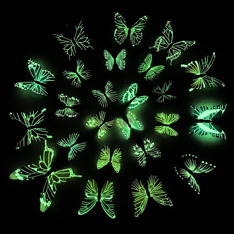 12Pcs 3D Luminous Butterflys Wall Sticker Colourful Simulation Butterflys Decoration Icebox Children's Room Decal Art Sticker