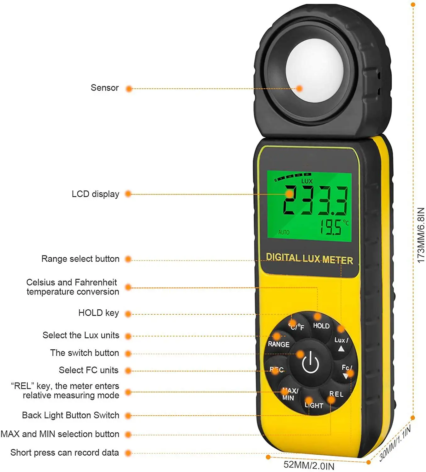 Imagem -02 - Calibrador de Luz Portátil com 270 ° Rotatable Detector Luxmeter Lumen Meter Faixa de Medição 0.1300 Lux 000lux Hp881e